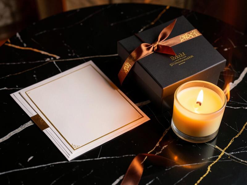 Elegant blank labels, premium packaging and a glowing candle
