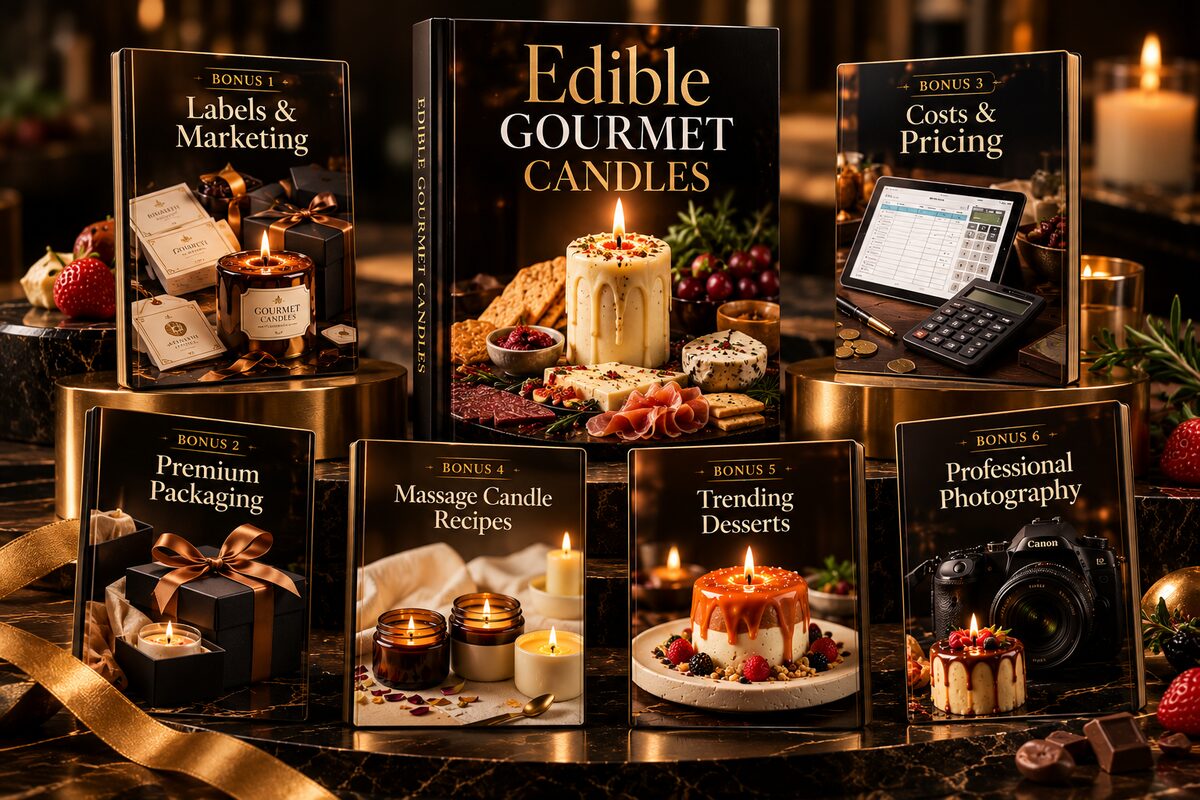 Edible Gourmet Candles recipe book with all six bonus guides displayed on a dark marble surface