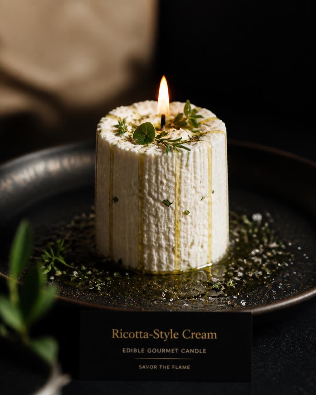 Edible Ricotta-Style Cream savory candle drizzled with olive oil and fresh herbs