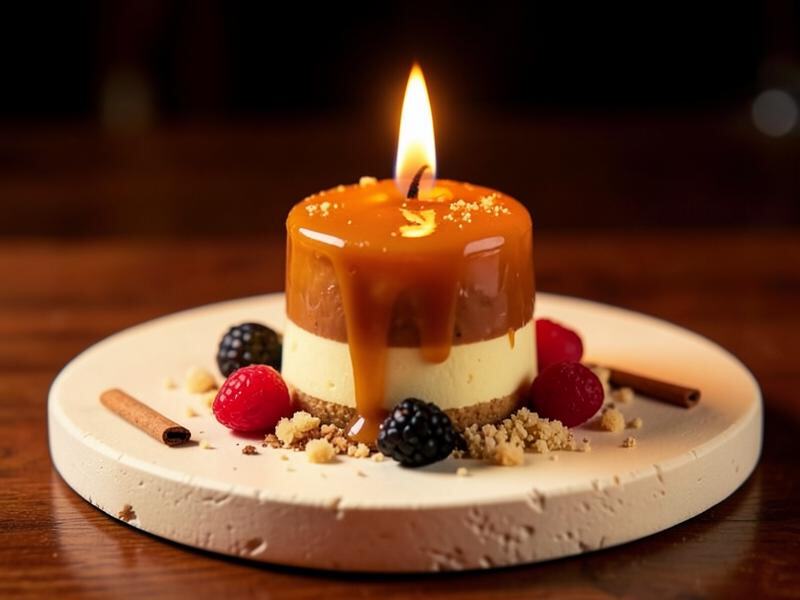 Sugar-free caramel cheesecake edible candle with fresh berries