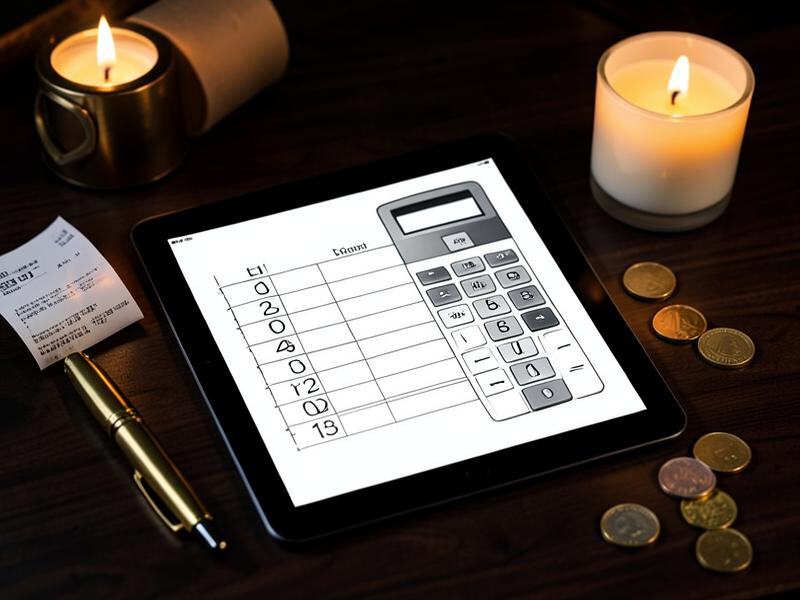 Tablet with a pricing spreadsheet, calculator and coins