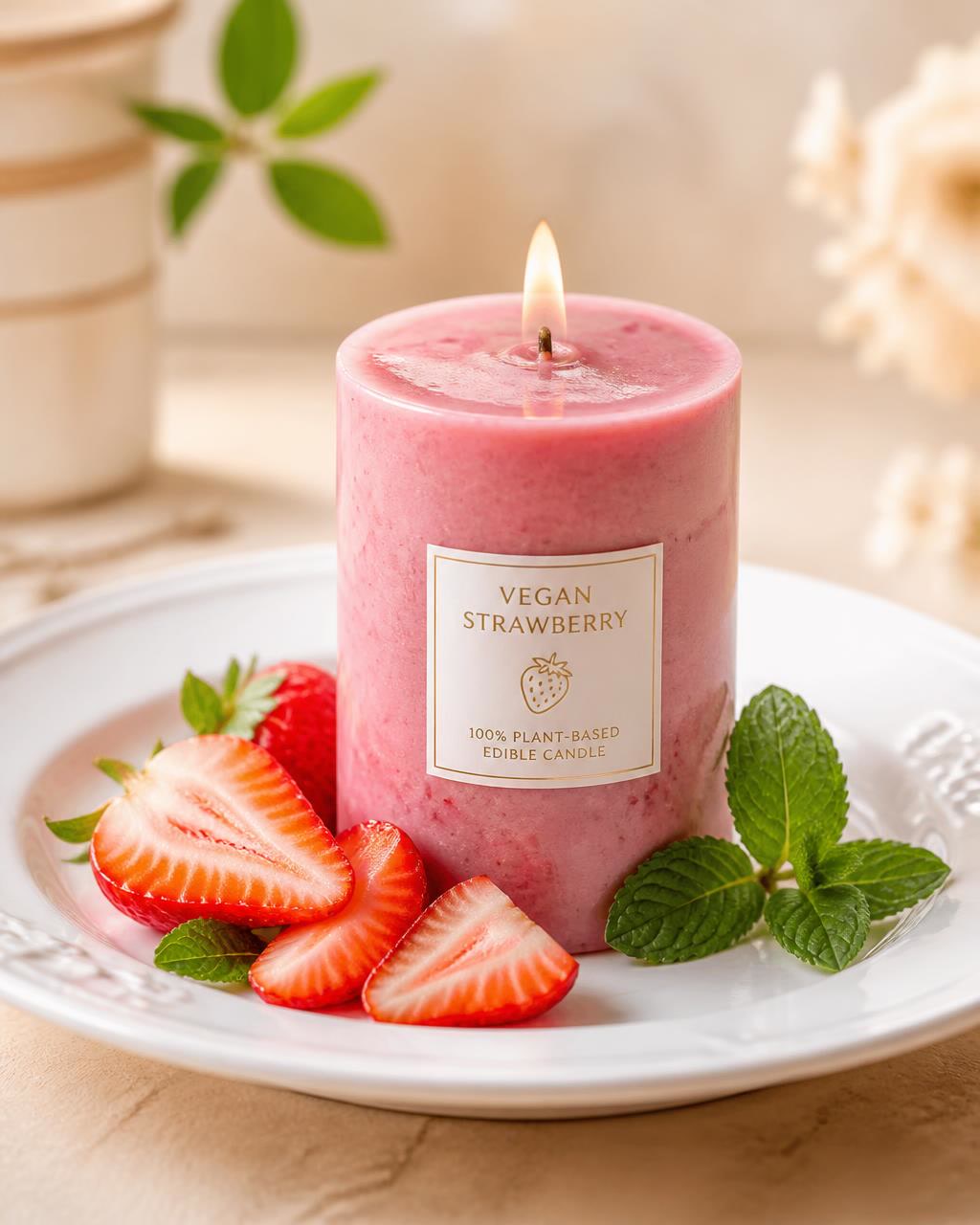Edible Vegan Strawberry gourmet candle with fresh strawberry slices and mint
