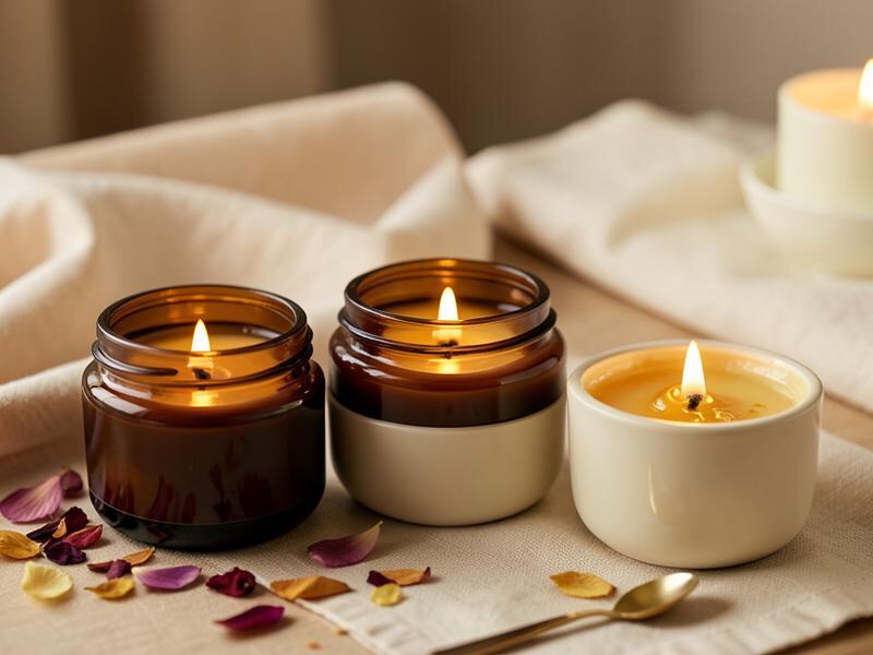 Luxury massage candles in amber glass and ceramic vessels