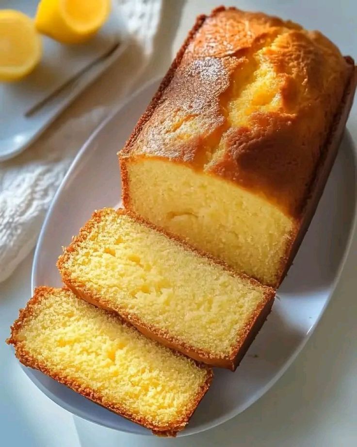 A sliced lemon loaf cake on a white plate