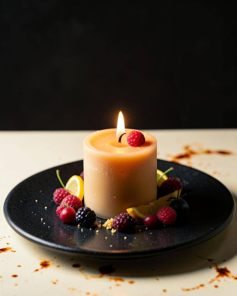 A lit edible gourmet candle dessert plated with berries and citrus