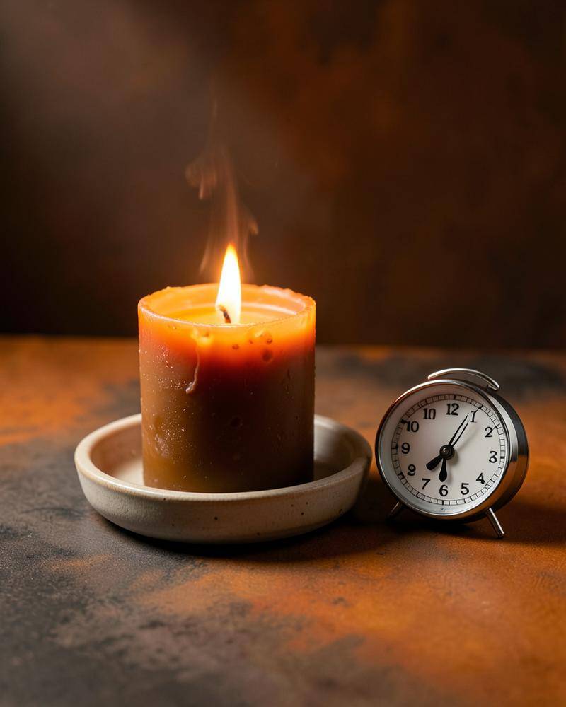 A finished savory edible candle beside a small kitchen timer