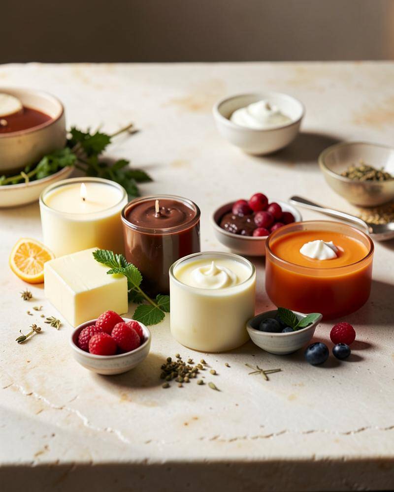 Simple ingredients arranged beside small edible gourmet candles