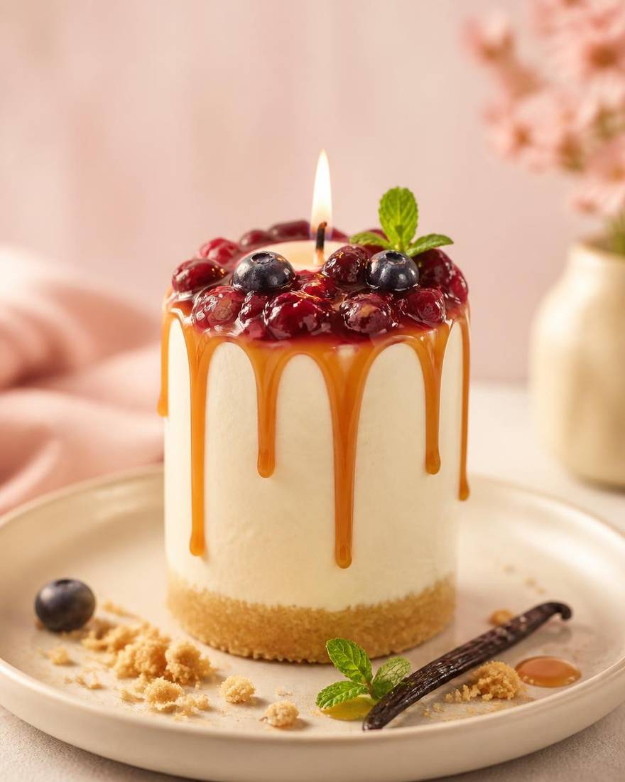 Creamy cheesecake inspired edible candle with berry compote and caramel drip