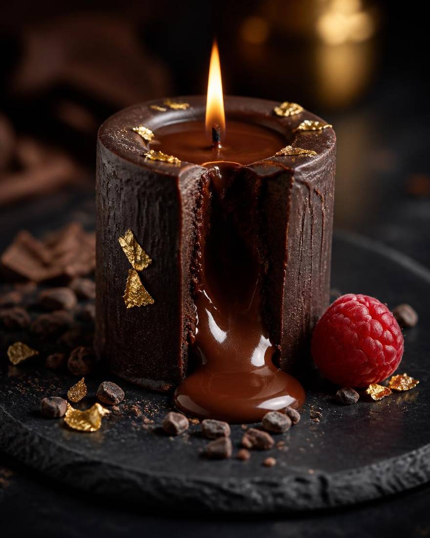 Soft molten center edible candle with flowing chocolate and gold leaf