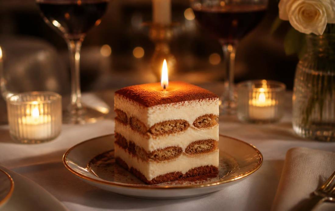 Tiramisu-inspired edible gourmet candle lit on a gold-rimmed plate at a candlelit dinner table